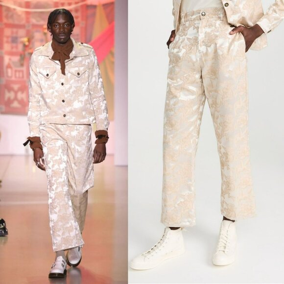 House of AAMA Mens Cherub Ogun Military Pants Tan Creme Jacquard Floral Print - Picture 1 of 15
